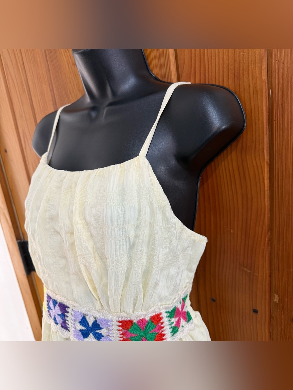 Boho Buttercream Textured Sun Dress Colorful Crochet Waistband - Picture 11 of 11